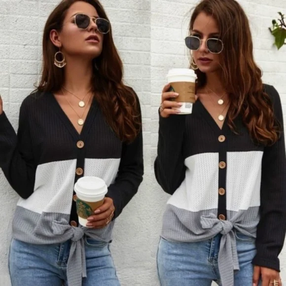 Cozy Button up Waffle Front Tie Top - Picture 2 of 9